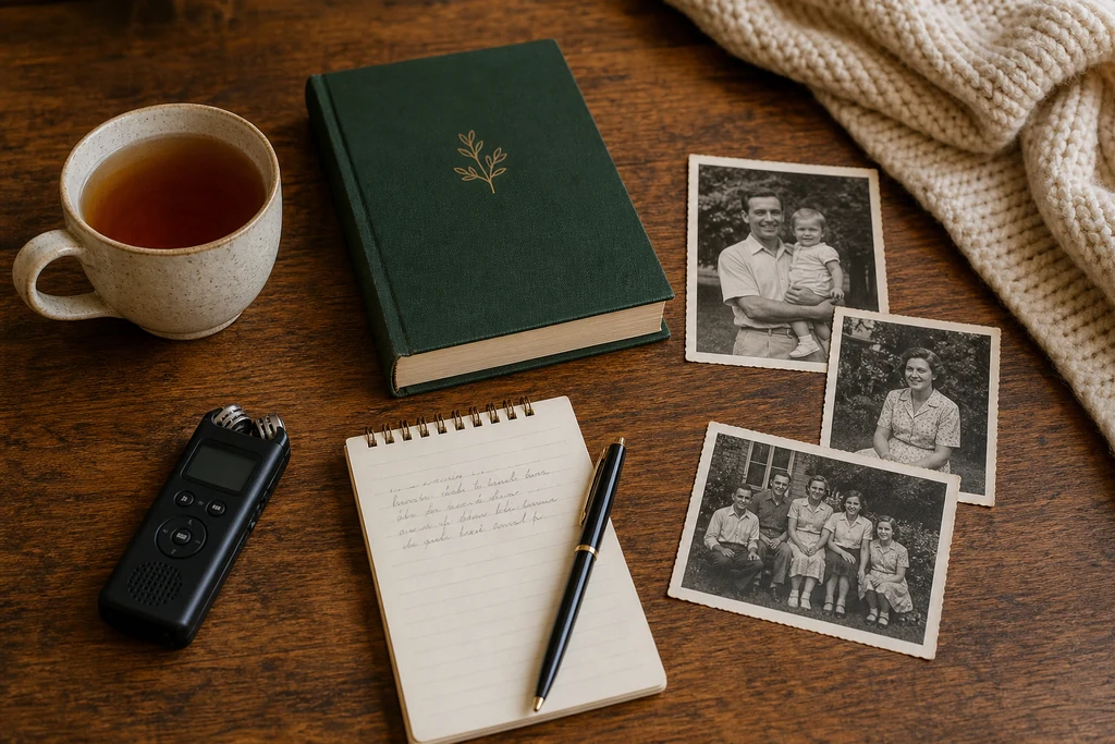 A legacy book, family photographs, a notebook, pen, tea and a small audio recorder arranged on a wooden table