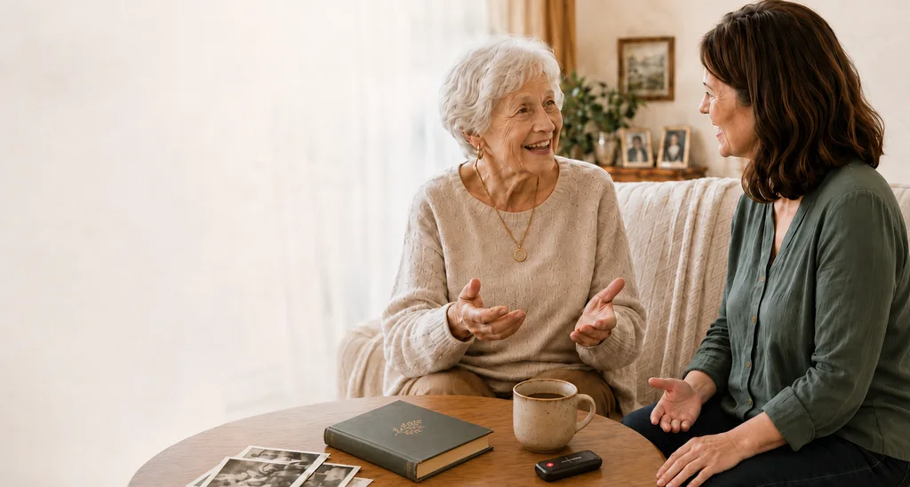 An older woman sharing a story with a legacy guide beside a finished book and family photographs