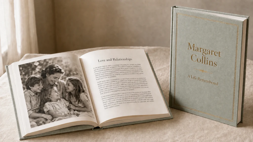 A personalised moss green legacy book beside an open matching moss green Love and Relationships book with a family photograph and full-page story text