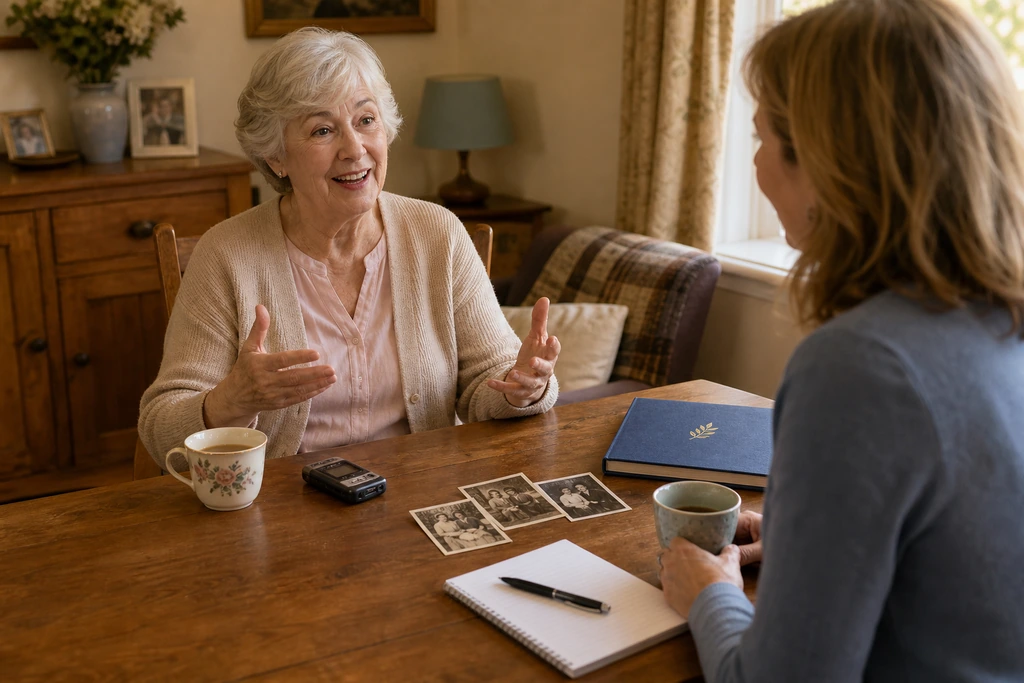 Two women sharing memories over tea with family photographs, a legacy book and a small audio recorder on the table